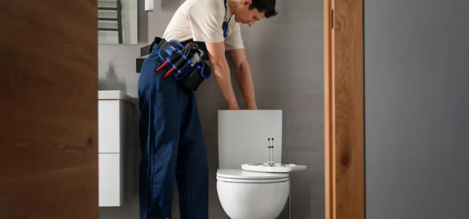 Plumber in work clothes bending over a toilet in a bathroom to repair it