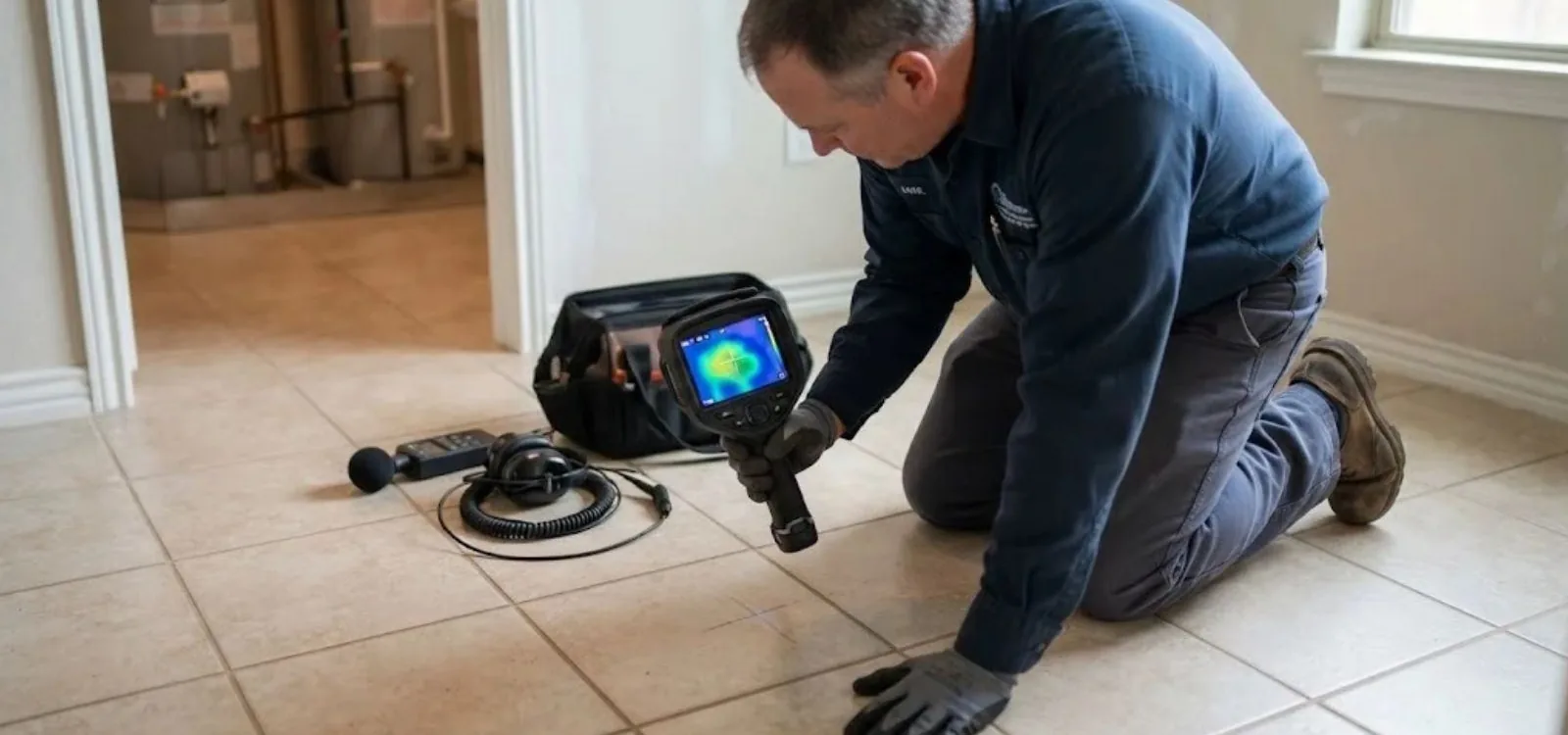 Technician kneeling on a tile floor beside a thermal imaging camera while checking for a hidden leak
