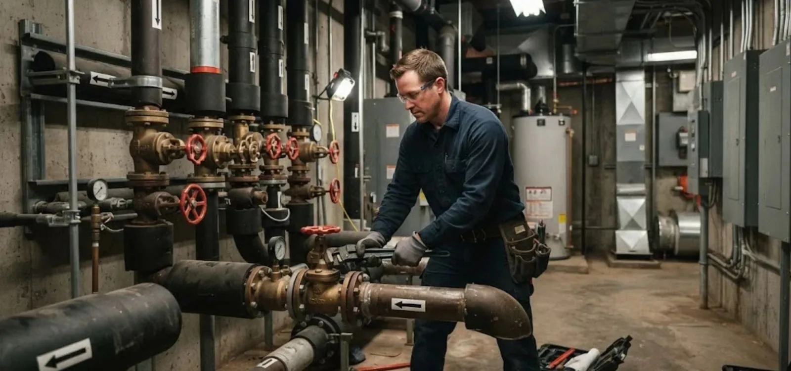 Plumber adjusting valves on large pipes in a commercial mechanical room