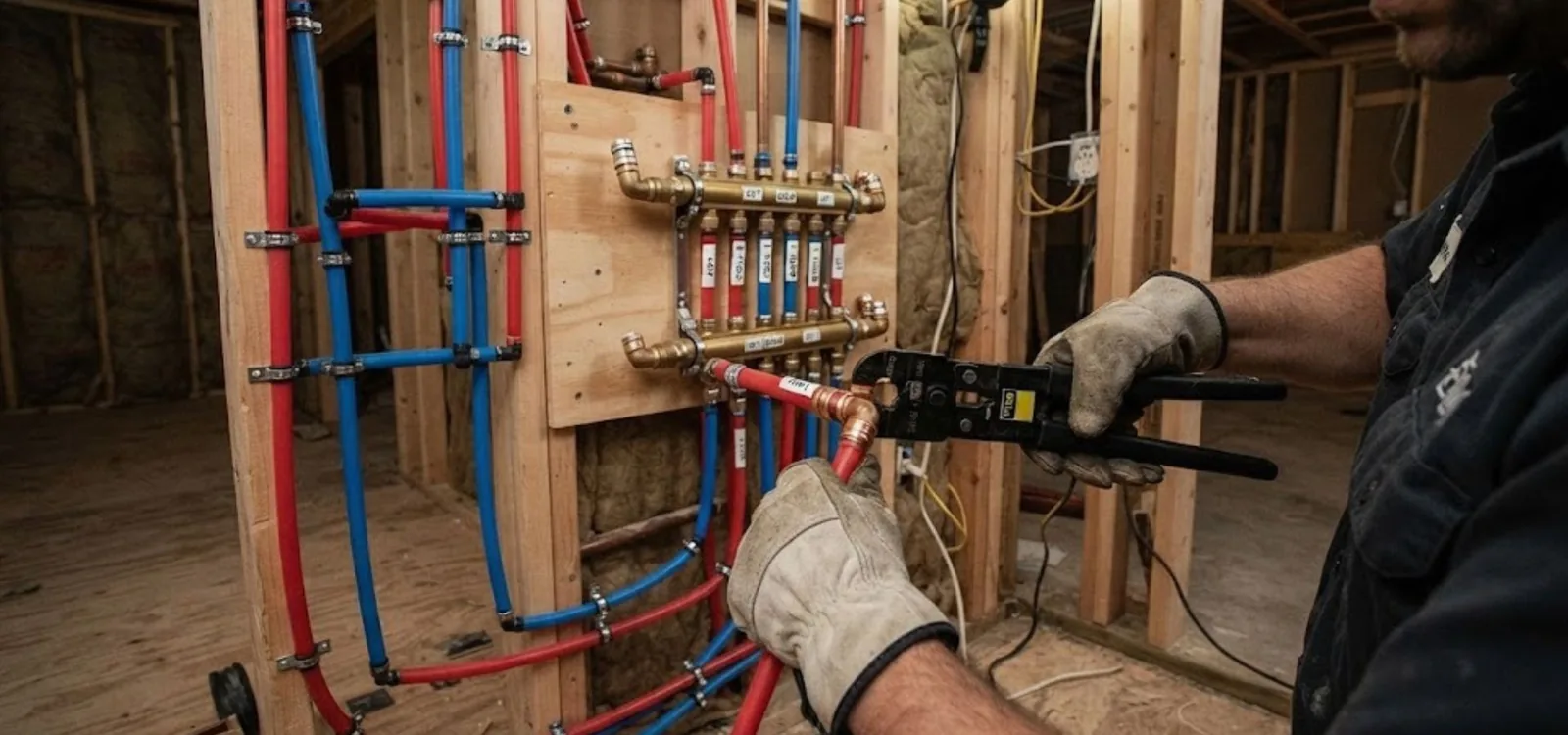 Plumber connecting red and blue PEX lines to a manifold inside an open wall