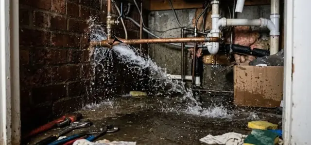 Burst pipe spraying water across a flooded basement utility area with a brick wall