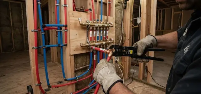 Plumber connecting red and blue PEX lines to a manifold inside an open wall