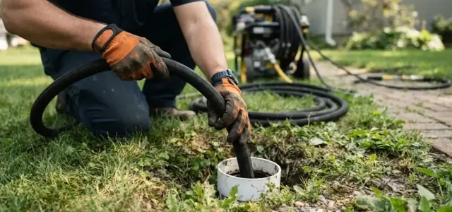 Plumber kneeling on grass guiding a high-pressure jetting hose into a cleanout pipe with the jetter machine behind him