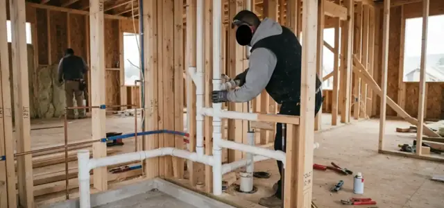Plumber working on new white drain pipes inside a wood-framed house under construction