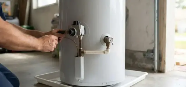 Hands adjusting the gas control on a tank water heater sitting on a drain pan