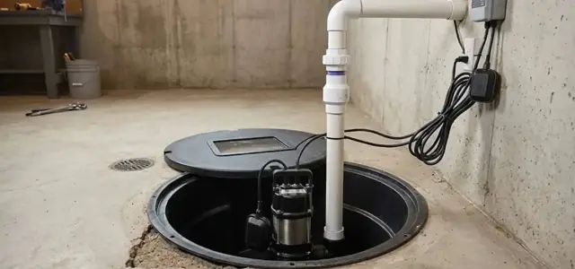 Sump pump with a white discharge pipe in a lidded pit on a basement floor