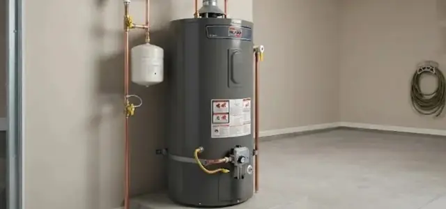 New tank water heater with an expansion tank on a basement pad in an empty room
