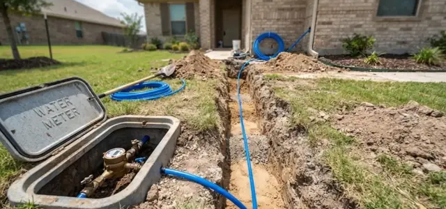 Open trench in a front yard with a blue water service line running to a water meter box