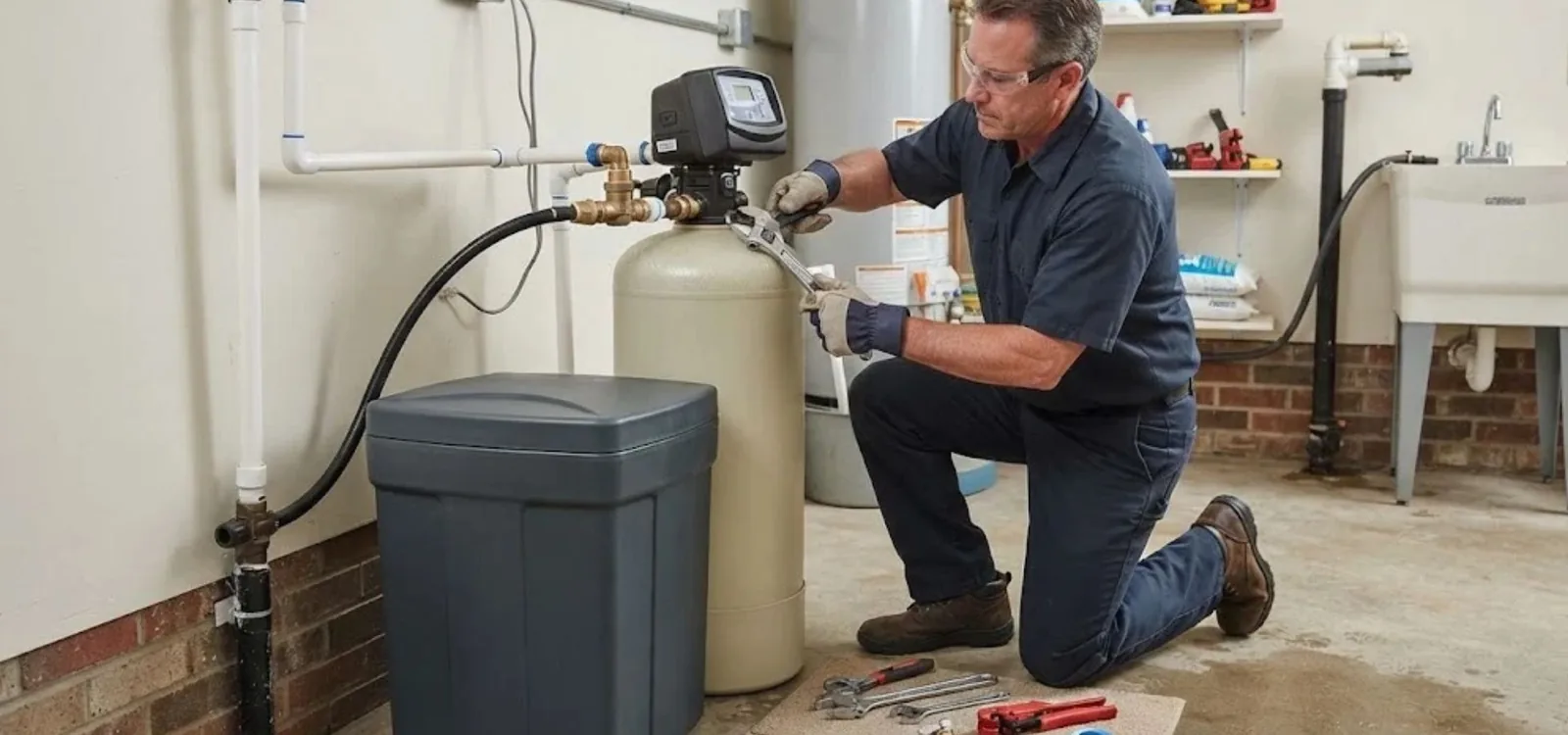 Plumber kneeling beside a water softener system and brine tank in a garage